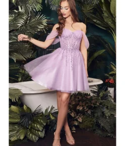 Unique Vintage Special Occasion|Prom Dresses>Cinderella Divine Lavender Glitter Tulle Off Shoulder Corset Mini Dress