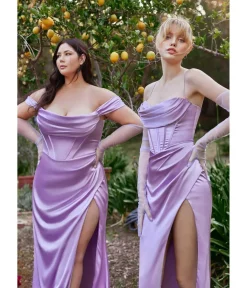Unique Vintage Special Occasion|Prom Dresses>Cinderella Divine Lavender Satin Off the Shoulder Corset Bridesmaid Gown