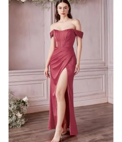 Unique Vintage Special Occasion|Prom Dresses>Cinderella Divine Lipstick Divine Satin Corset Off-Shoulder Prom Dress