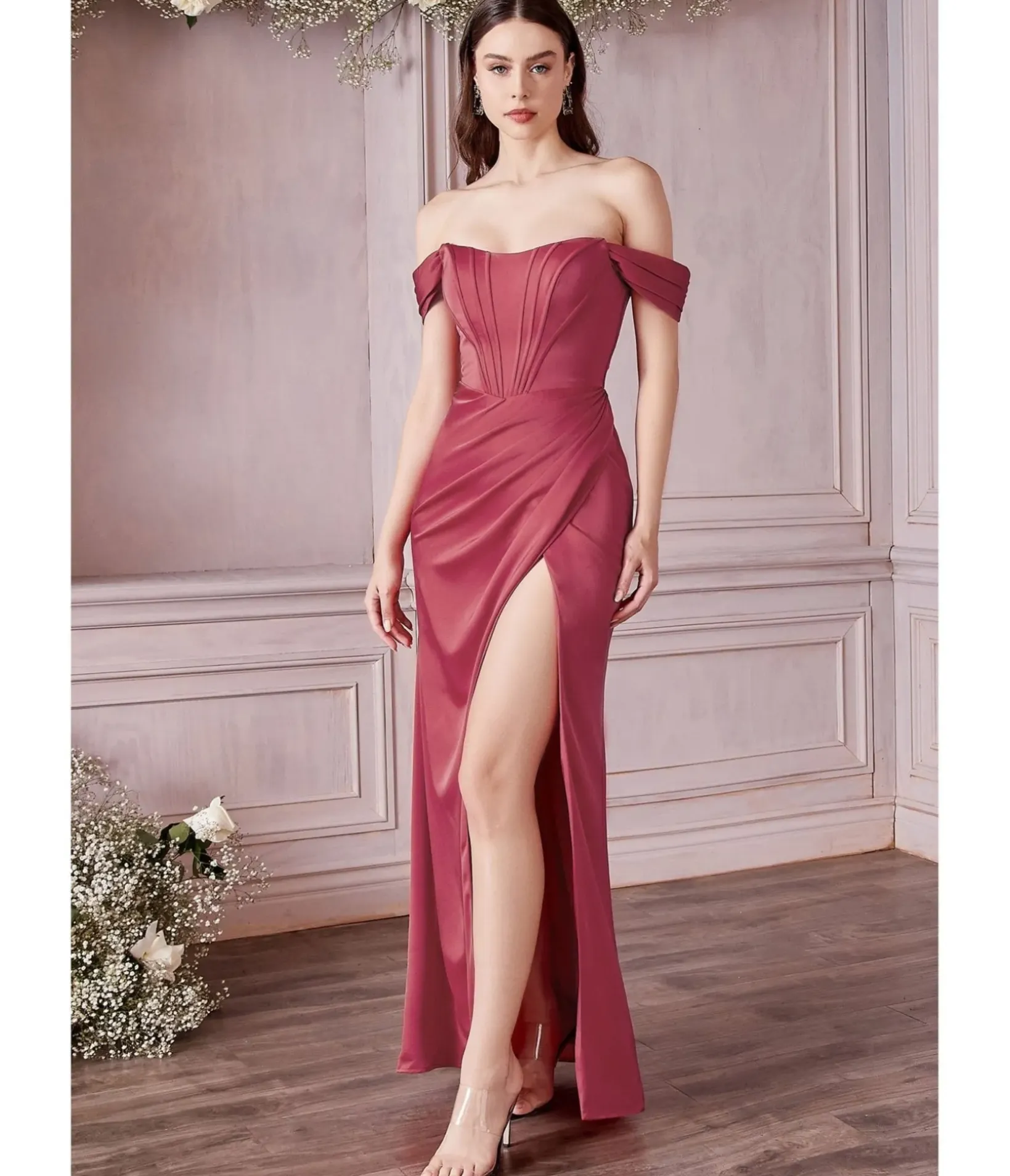 Unique Vintage Special Occasion|Prom Dresses>Cinderella Divine Lipstick Divine Satin Corset Off-Shoulder Prom Dress