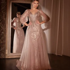 Unique Vintage Special Occasion|Prom Dresses>Cinderella Divine Mauve Beaded Long Sleeve A-Line Prom Dress