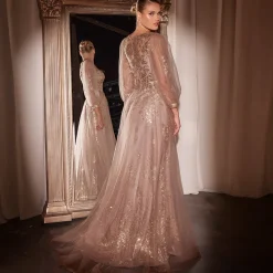 Unique Vintage Special Occasion|Prom Dresses>Cinderella Divine Mauve Beaded Long Sleeve A-Line Prom Dress