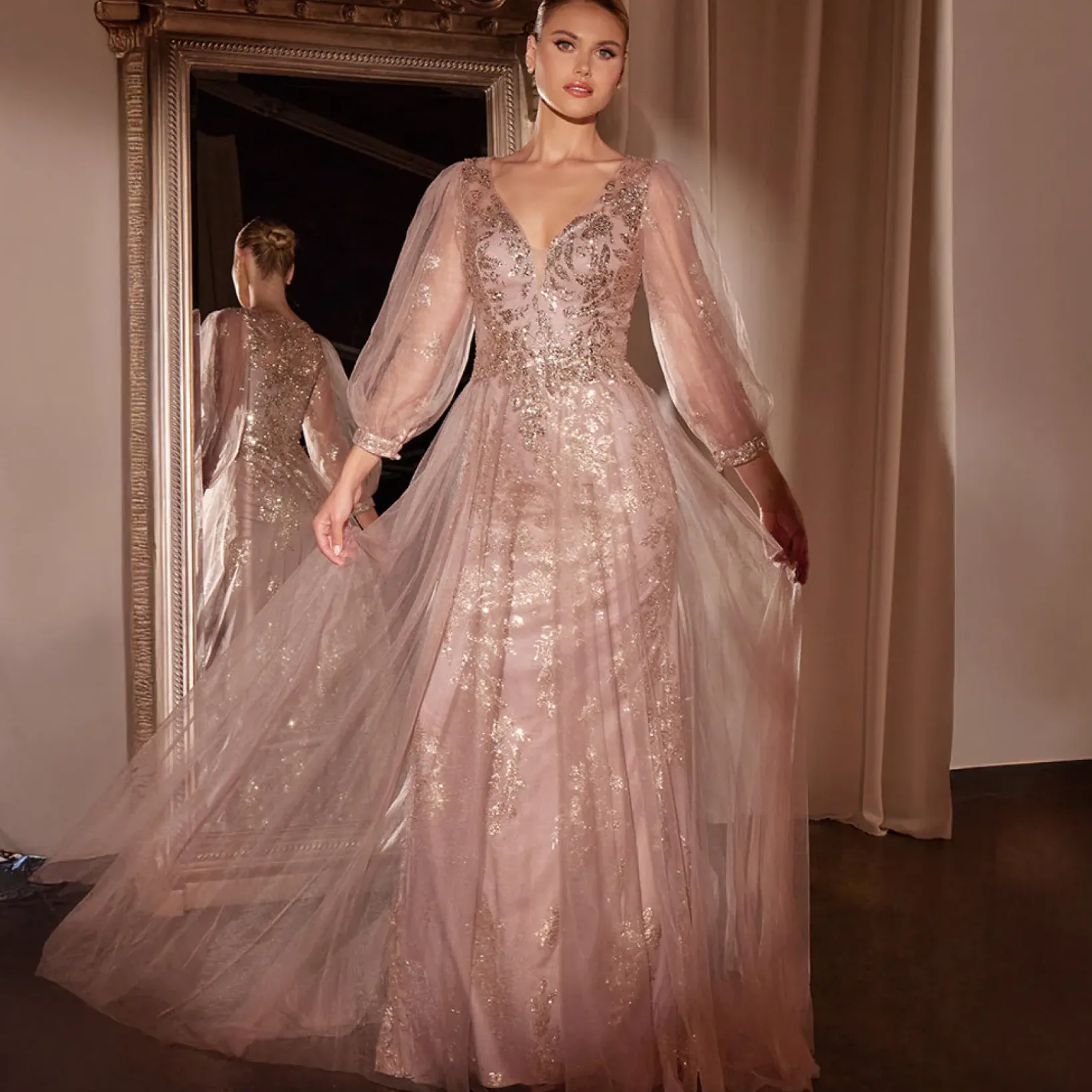 Unique Vintage Special Occasion|Prom Dresses>Cinderella Divine Mauve Beaded Long Sleeve A-Line Prom Dress