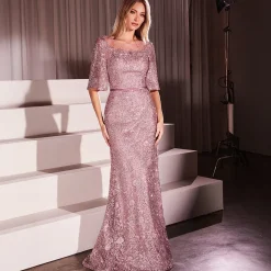 Unique Vintage Special Occasion|Prom Dresses>Cinderella Divine Mauve Lace Fitted Mid-Sleeve Prom Dress