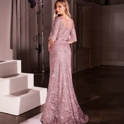 Unique Vintage Special Occasion|Prom Dresses>Cinderella Divine Mauve Lace Fitted Mid-Sleeve Prom Dress