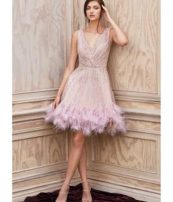 Unique Vintage Special Occasion|Prom Dresses>Cinderella Divine Mauve Rhinestone & Feather Hem Bridesmaid Cocktail Dress