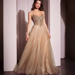 Unique Vintage Special Occasion|Prom Dresses>Cinderella Divine Mocha Gold Beaded Strapless Tulle Prom Dress