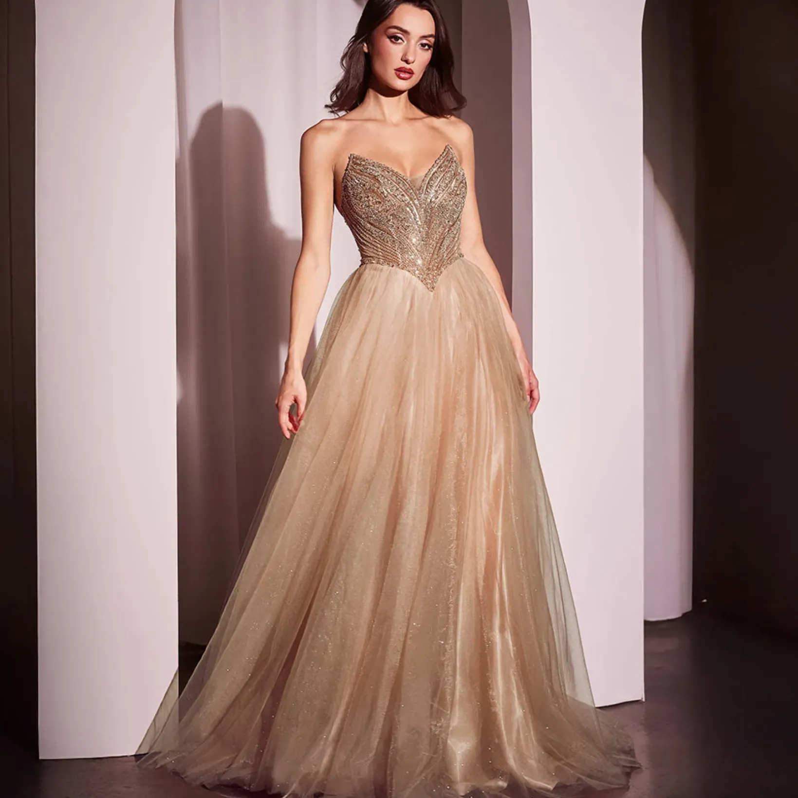 Unique Vintage Special Occasion|Prom Dresses>Cinderella Divine Mocha Gold Beaded Strapless Tulle Prom Dress