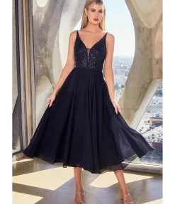 Unique Vintage Special Occasion|Prom Dresses>Cinderella Divine Navy Beaded Chiffon Tea Length Dress