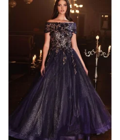Unique Vintage Special Occasion|Prom Dresses>Cinderella Divine Navy & Gold Off The Shoulder Magical Glitter Prom Ball Gown