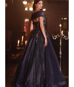Unique Vintage Special Occasion|Prom Dresses>Cinderella Divine Navy & Gold Off The Shoulder Magical Glitter Prom Ball Gown