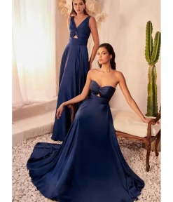 Unique Vintage Special Occasion|Prom Dresses>Cinderella Divine Navy Satin Strapless Keyhole Evening Gown