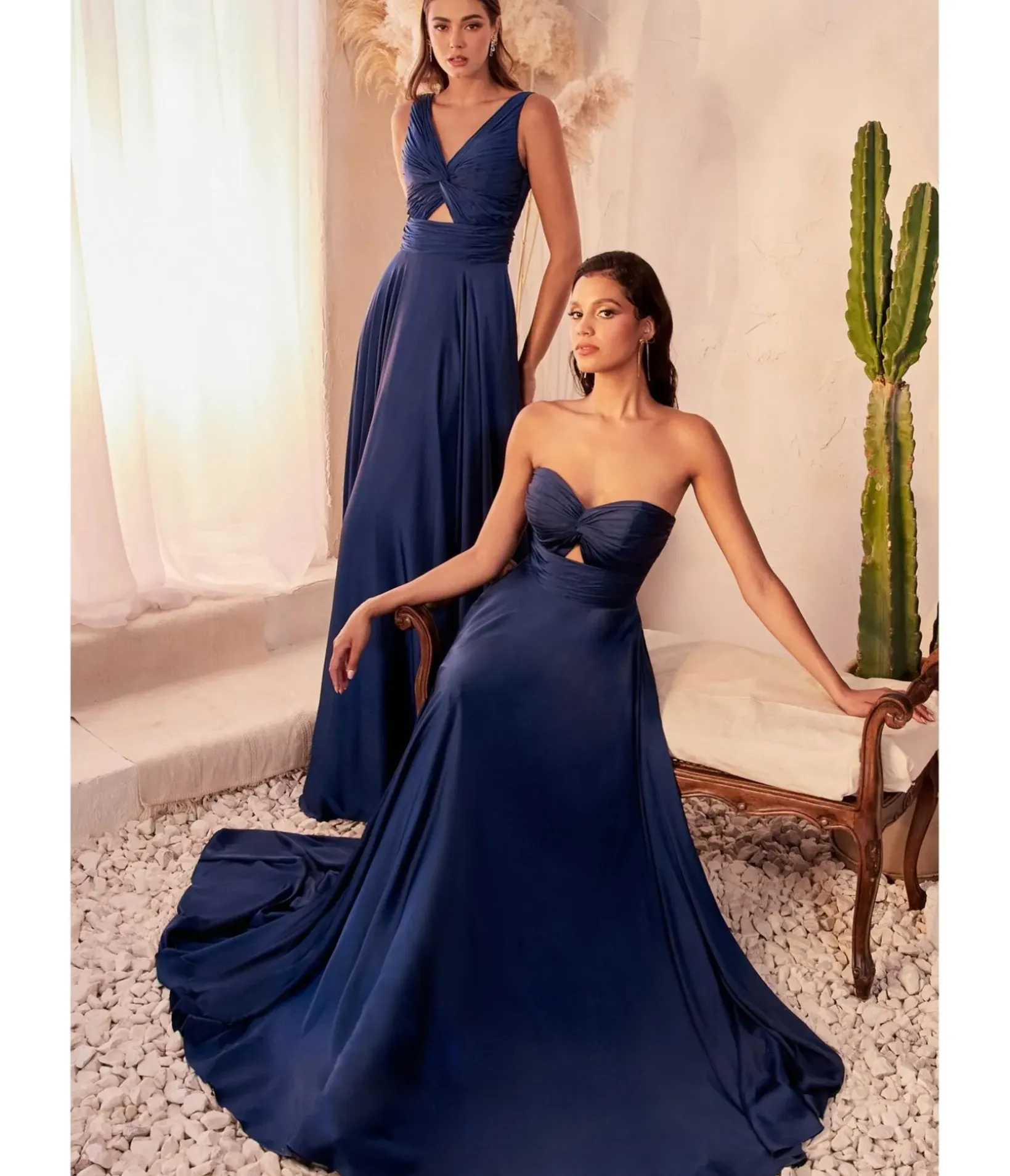 Unique Vintage Special Occasion|Prom Dresses>Cinderella Divine Navy Satin Strapless Keyhole Evening Gown