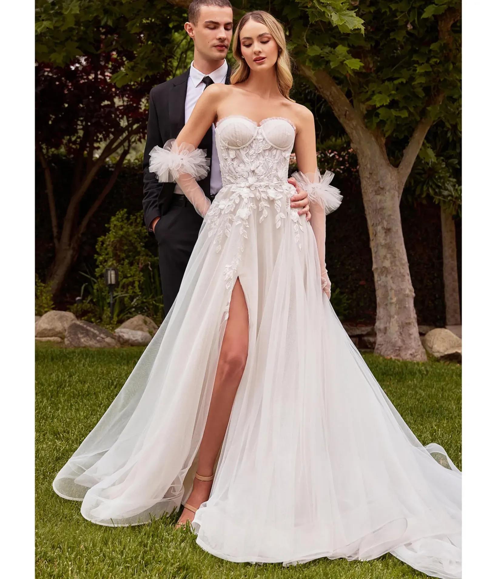 Unique Vintage Special Occasion|Prom Dresses>Cinderella Divine Off White Floral Strapless Bridal Gown with Gloves