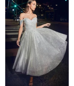 Unique Vintage Special Occasion|Prom Dresses>Cinderella Divine Off White Glitter Off The Shoulder Tea Length Gown