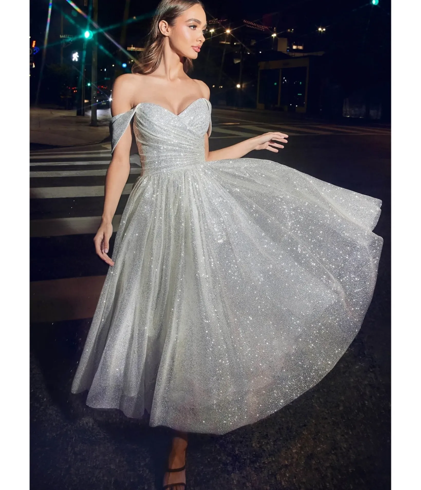 Unique Vintage Special Occasion|Prom Dresses>Cinderella Divine Off White Glitter Off The Shoulder Tea Length Gown
