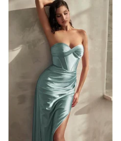 Unique Vintage Special Occasion|Prom Dresses>Cinderella Divine Paris Blue Satin Strapless Corset Lace Up Back Evening Gown