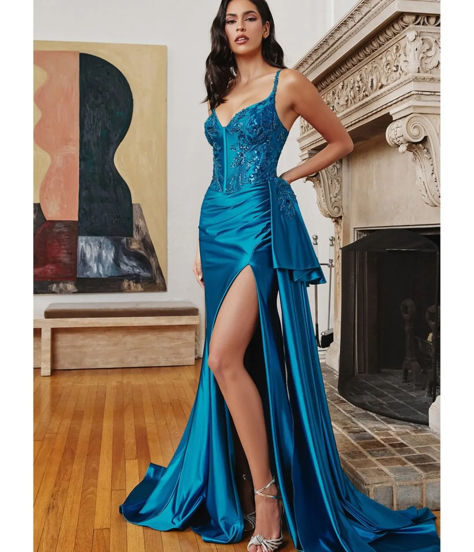 Unique Vintage Special Occasion|Prom Dresses>Cinderella Divine Peacock Satin & Lace Beaded Bridesmaid Dress