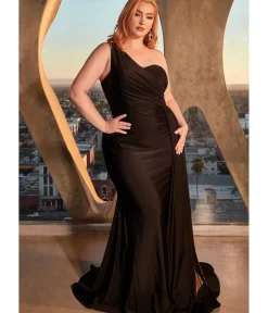 Unique Vintage Special Occasion|Prom Dresses>Cinderella Divine Plus Size Black Fitted One Shoulder Satin Bridesmaid Dress