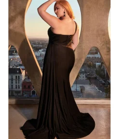 Unique Vintage Special Occasion|Prom Dresses>Cinderella Divine Plus Size Black Fitted One Shoulder Satin Bridesmaid Dress