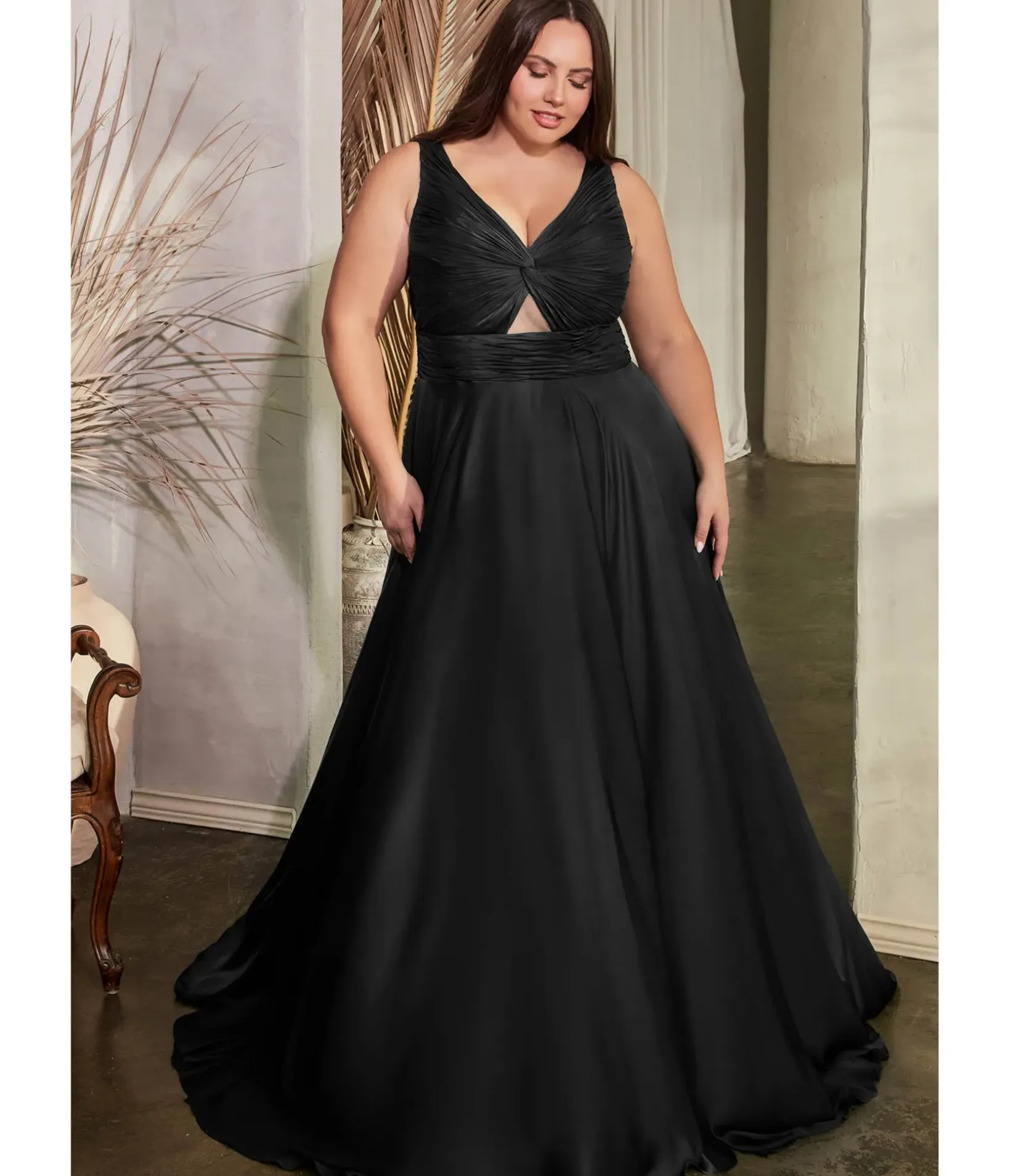 Unique Vintage Special Occasion|Prom Dresses>Cinderella Divine Plus Size Black Satin Ruched Knotted Keyhole Evening Gown