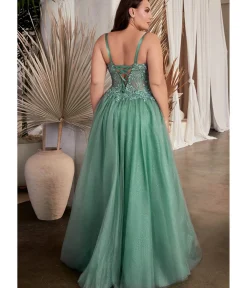 Unique Vintage Special Occasion|Prom Dresses>Cinderella Divine Plus Size Dusty Teal Foliage Applique Corset Tulle Gown