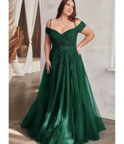 Unique Vintage Special Occasion|Prom Dresses>Cinderella Divine Plus Size Emerald Glitter Tulle Off The Shoulder Applique Slit Gown