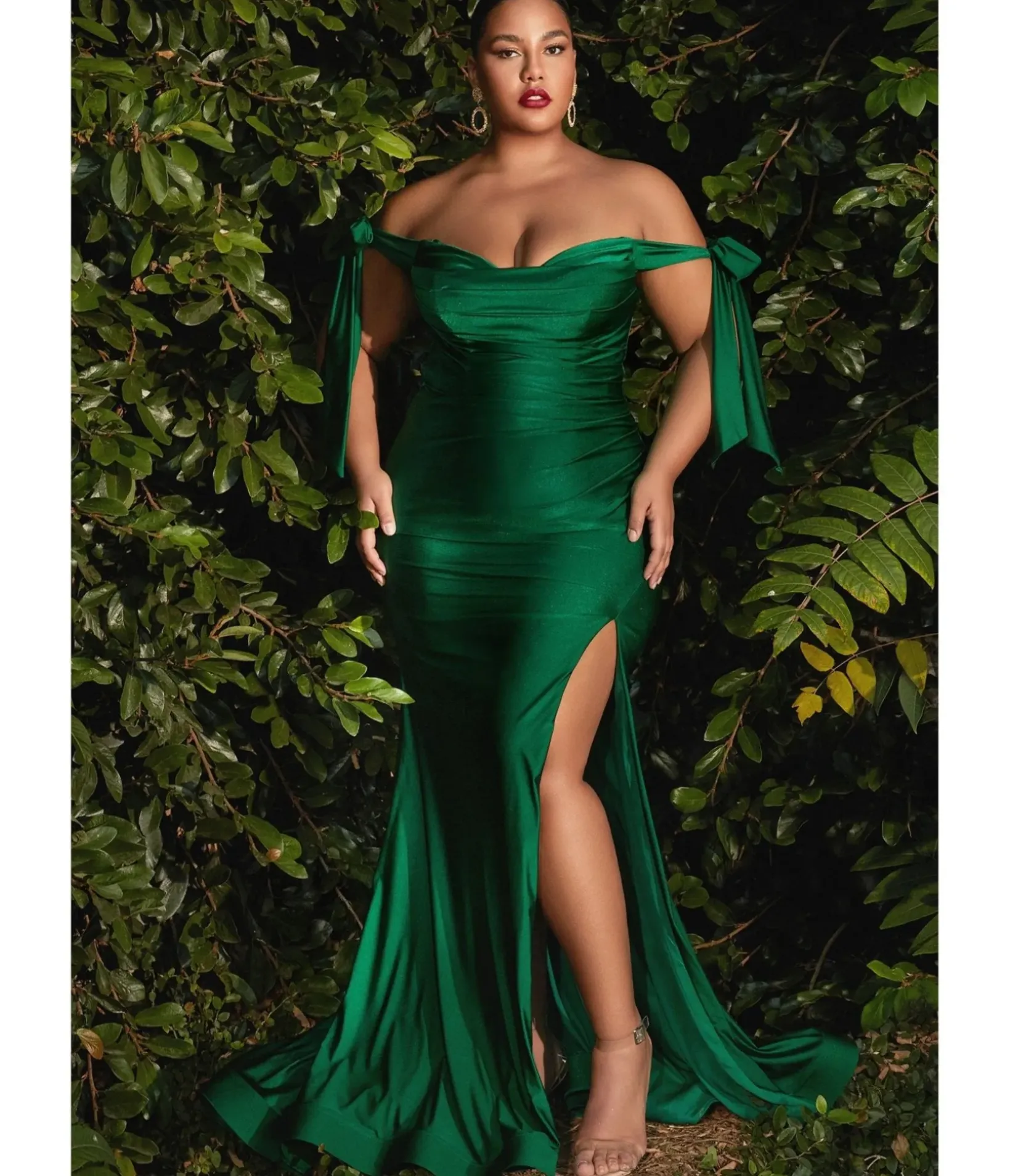 Unique Vintage Special Occasion|Prom Dresses>Cinderella Divine Plus Size Emerald Off The Shoulder Tie Bridesmaid Gown