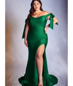 Unique Vintage Special Occasion|Prom Dresses>Cinderella Divine Plus Size Emerald Off The Shoulder Tie Bridesmaid Gown