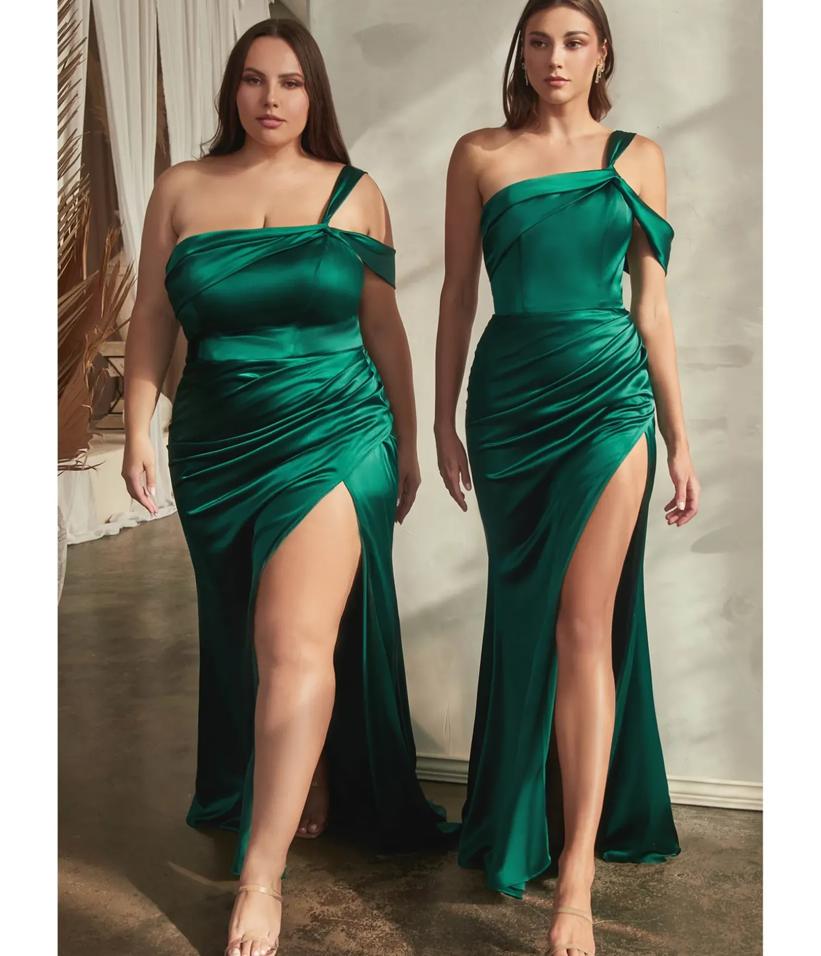 Unique Vintage Special Occasion|Prom Dresses>Cinderella Divine Plus Size Emerald Ruched Satin One Shoulder Evening Gown