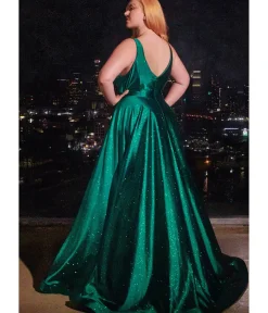 Unique Vintage Special Occasion|Prom Dresses>Cinderella Divine Plus Size Emerald Satin Prom Dress