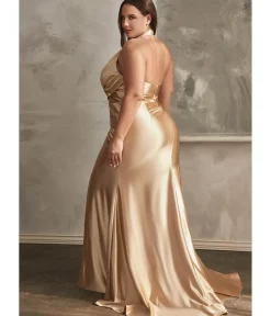 Unique Vintage Special Occasion|Prom Dresses>Cinderella Divine Plus Size Gold Pleated Satin Halter Fitted Slit Dress