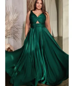 Unique Vintage Special Occasion|Prom Dresses>Cinderella Divine Plus Size Hunter Green Satin Ruched Knotted Keyhole Evening Gown