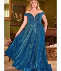 Unique Vintage Special Occasion|Prom Dresses>Cinderella Divine Plus Size Metallic Blue Off The Shoulder Bridesmaid Gown