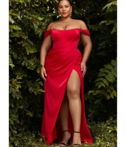 Unique Vintage Special Occasion|All Things Red>Cinderella Divine Plus Size Red Divine Satin Corset Off-Shoulder Prom Dress