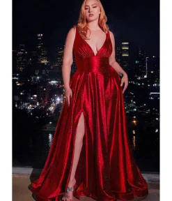 Unique Vintage Special Occasion|All Things Red>Cinderella Divine Plus Size Red Satin Prom Dress