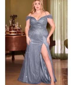 Unique Vintage Special Occasion|Prom Dresses>Cinderella Divine Plus Size Smoky Blue Off The Shoulder Fitted Sequin Bridesmaid Dress