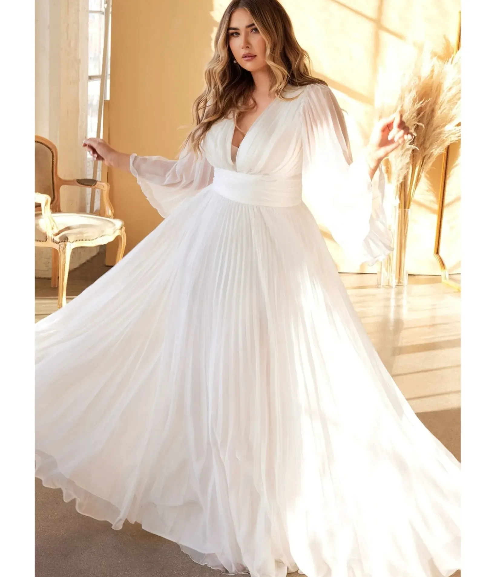 Unique Vintage Special Occasion|Prom Dresses>Cinderella Divine Plus Size White Pleated Bridal Dress