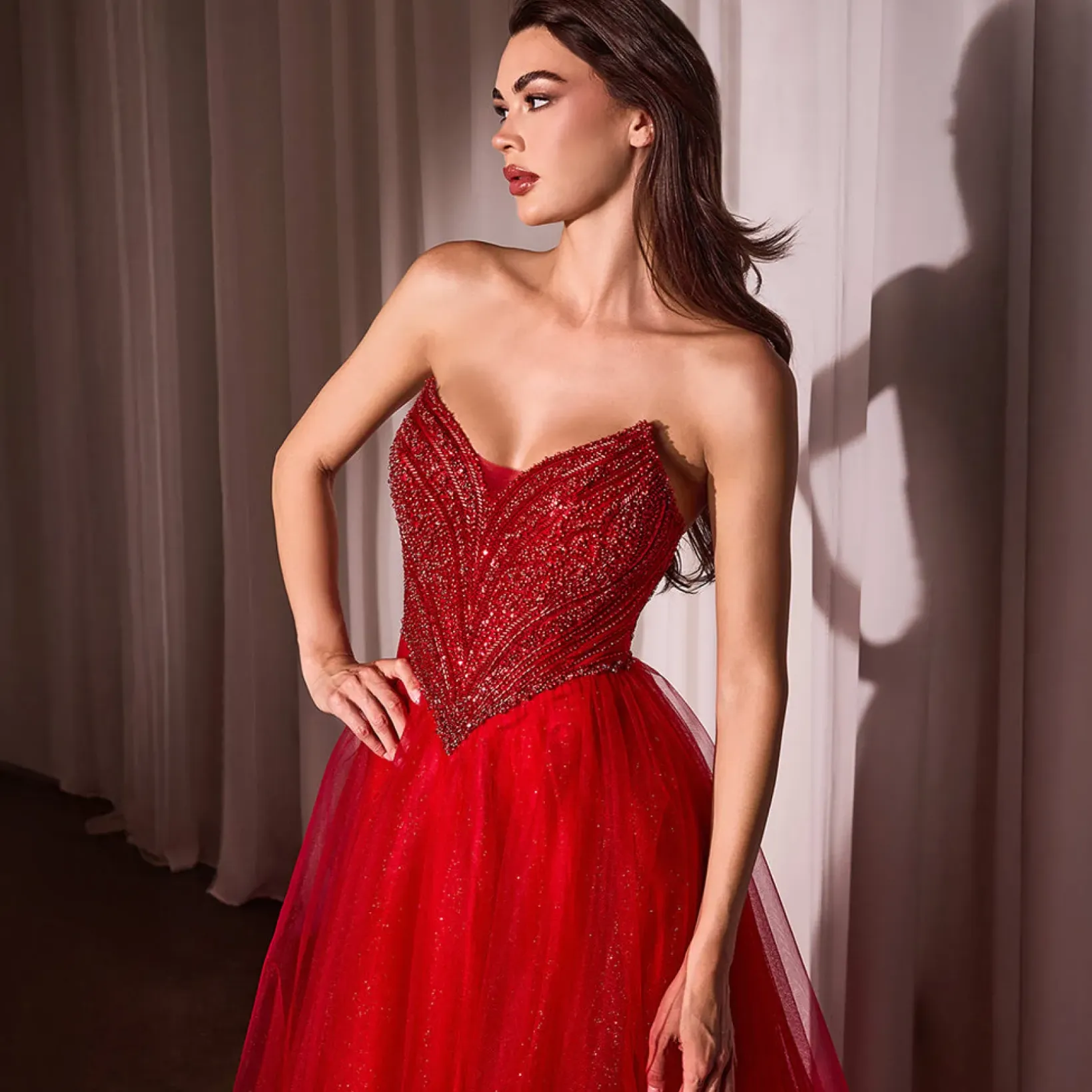 Unique Vintage Special Occasion|All Things Red>Cinderella Divine Red Beaded Strapless Tulle Prom Dress