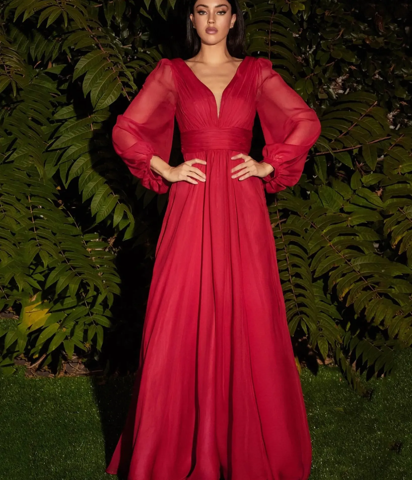 Unique Vintage Special Occasion|All Things Red>Cinderella Divine Red Chiffon Sleeve Prom Goddess Gown