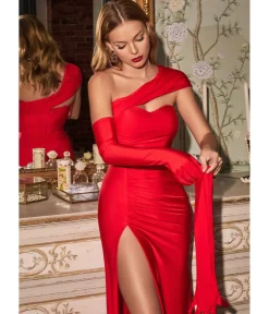 Unique Vintage Special Occasion|All Things Red>Cinderella Divine Red One Shoulder Bridesmaid Trumpet Gown with Gloves