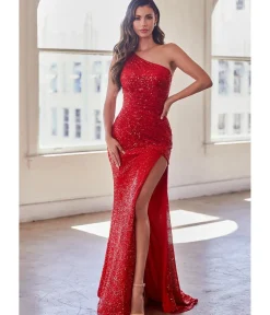 Unique Vintage Special Occasion|All Things Red>Cinderella Divine Red Sequin One Shoulder Slit Evening Gown