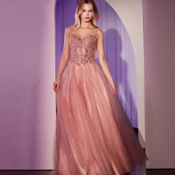Unique Vintage Special Occasion|Prom Dresses>Cinderella Divine Rose Gold Applique Sleeveless A-Line Slit Prom Dress