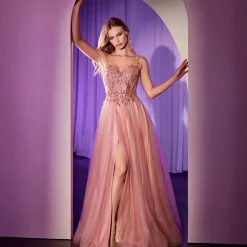 Unique Vintage Special Occasion|Prom Dresses>Cinderella Divine Rose Gold Applique Sleeveless A-Line Slit Prom Dress