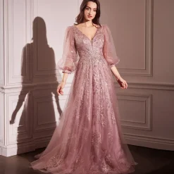 Unique Vintage Special Occasion|Prom Dresses>Cinderella Divine Rose Gold Beaded Long Sleeve A-Line Prom Dress