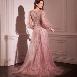 Unique Vintage Special Occasion|Prom Dresses>Cinderella Divine Rose Gold Beaded Long Sleeve A-Line Prom Dress