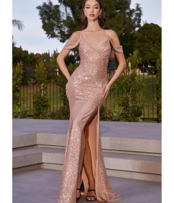 Unique Vintage Special Occasion|Prom Dresses>Cinderella Divine Rose Gold Sequin Cold Shoulder Bridesmaid Gown