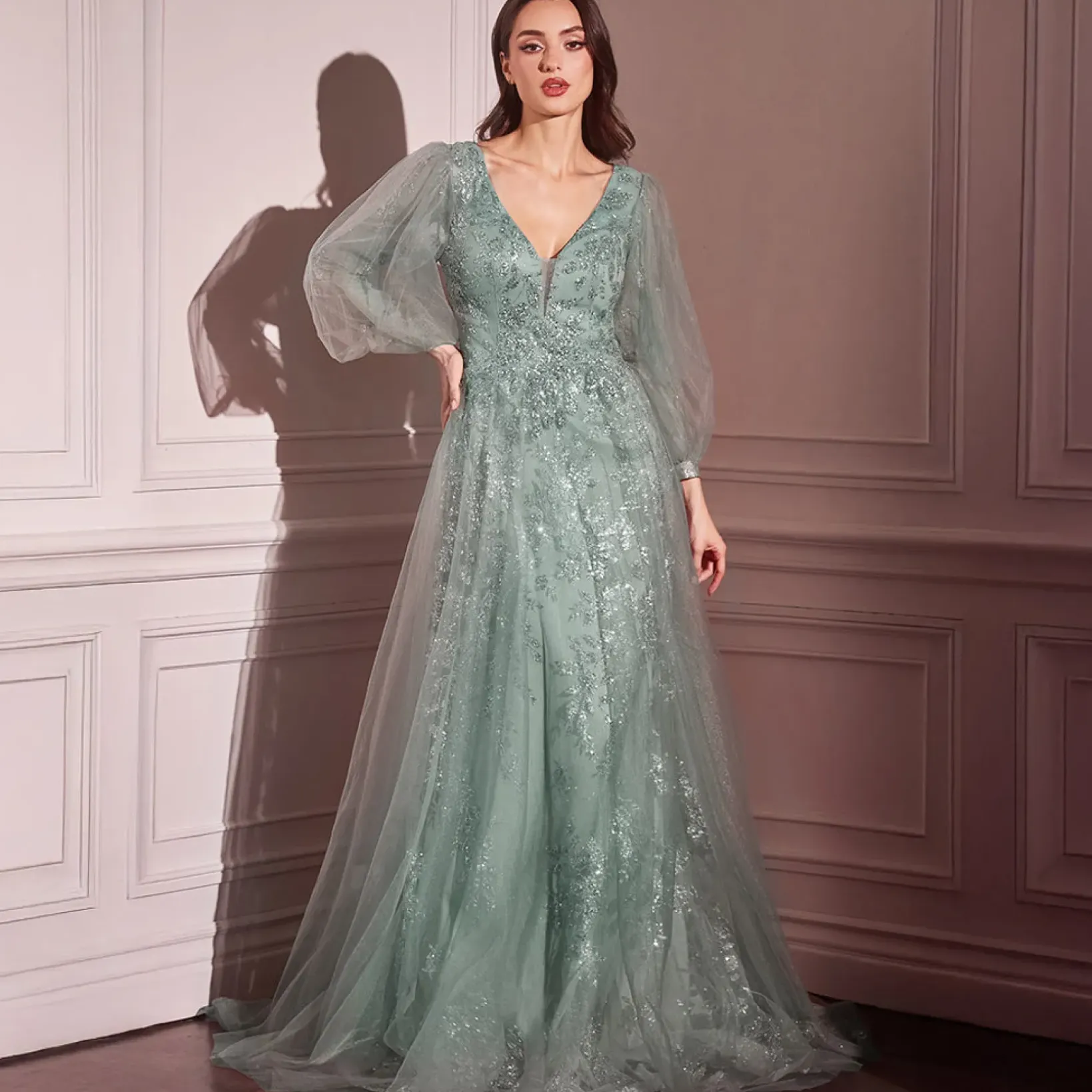 Unique Vintage Special Occasion|Prom Dresses>Cinderella Divine Sage Beaded Long Sleeve A-Line Prom Dress