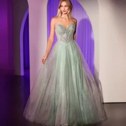 Unique Vintage Special Occasion|Prom Dresses>Cinderella Divine Sage Beaded Strapless Tulle Prom Dress