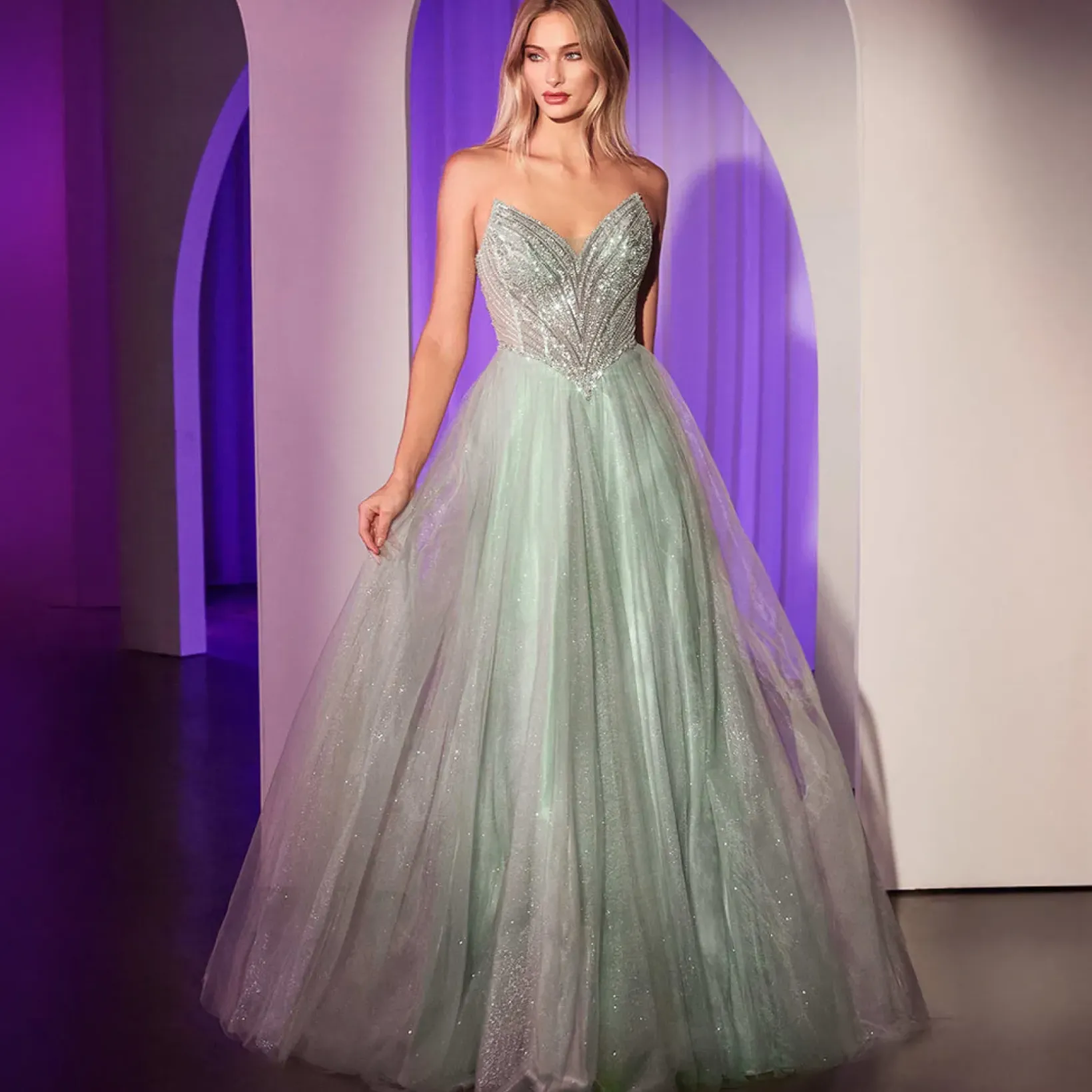 Unique Vintage Special Occasion|Prom Dresses>Cinderella Divine Sage Beaded Strapless Tulle Prom Dress